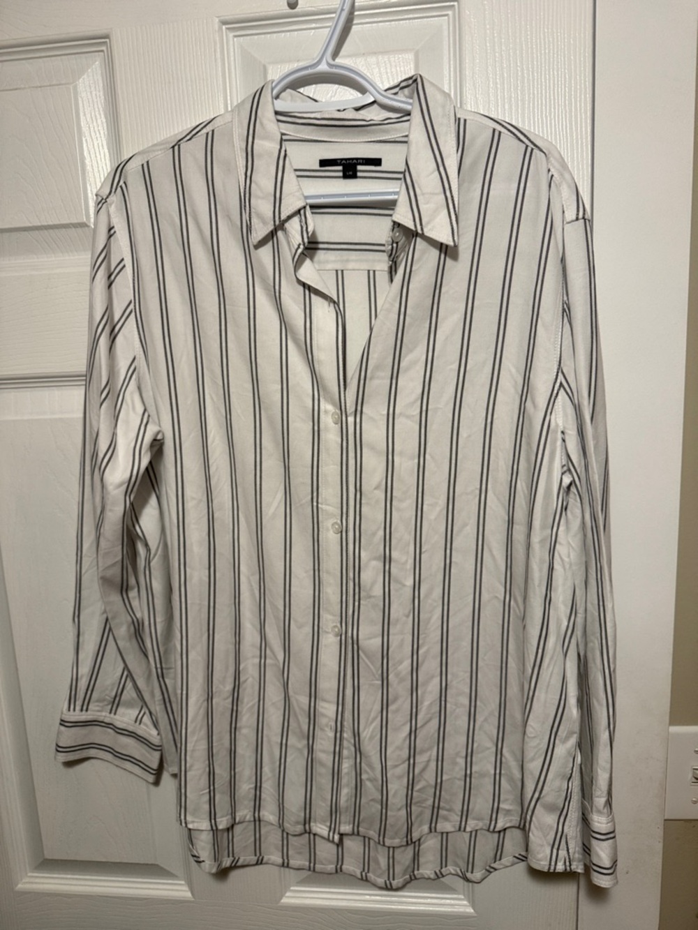 Mango White Button-Down Shirt with Black Vertical Stripes